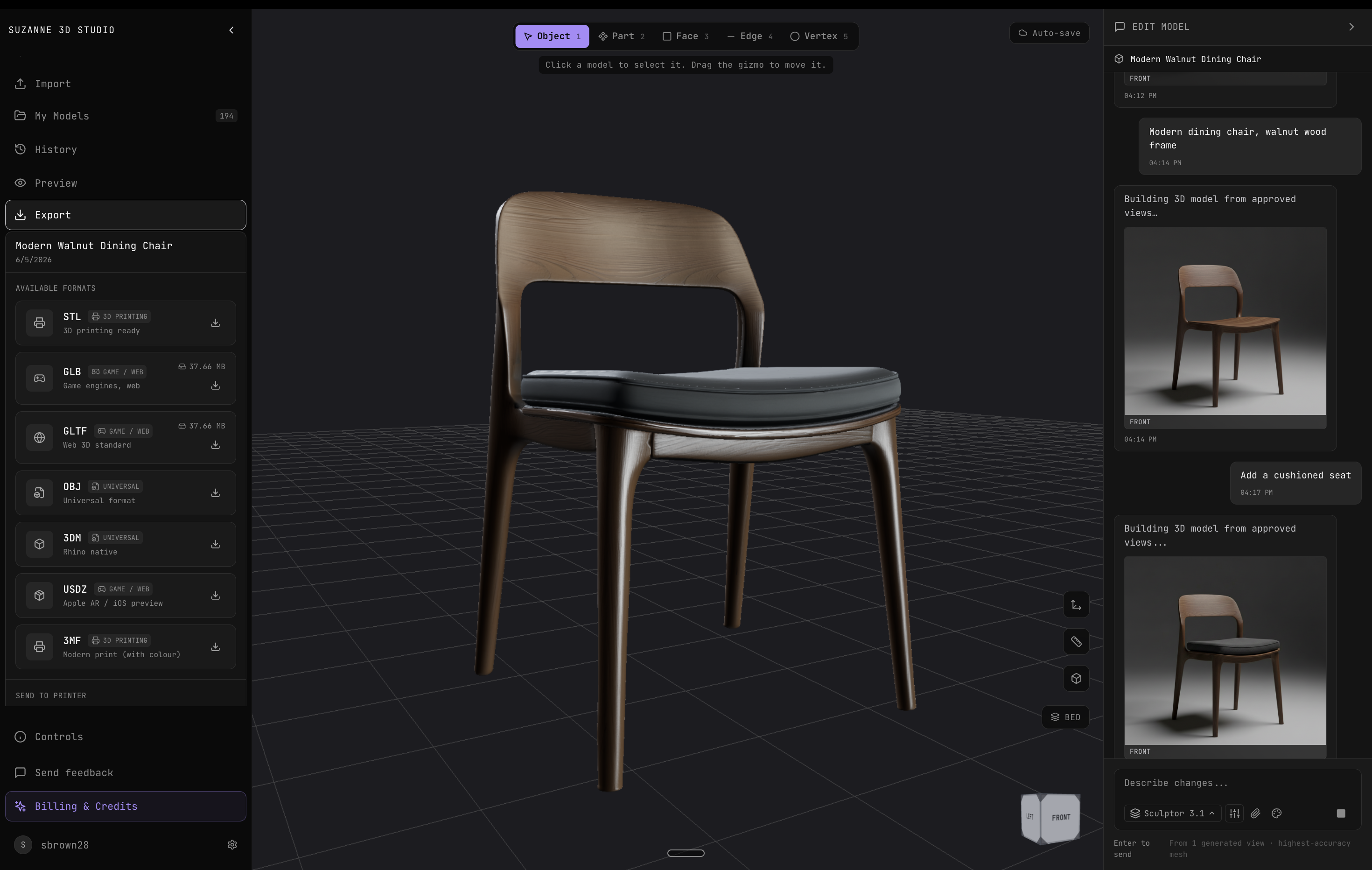 Suzanne's in-browser editor showing a ceramic mug with the color picker open, parametric controls, and the chat sidebar displaying four generated preview views — front, back, left, and right