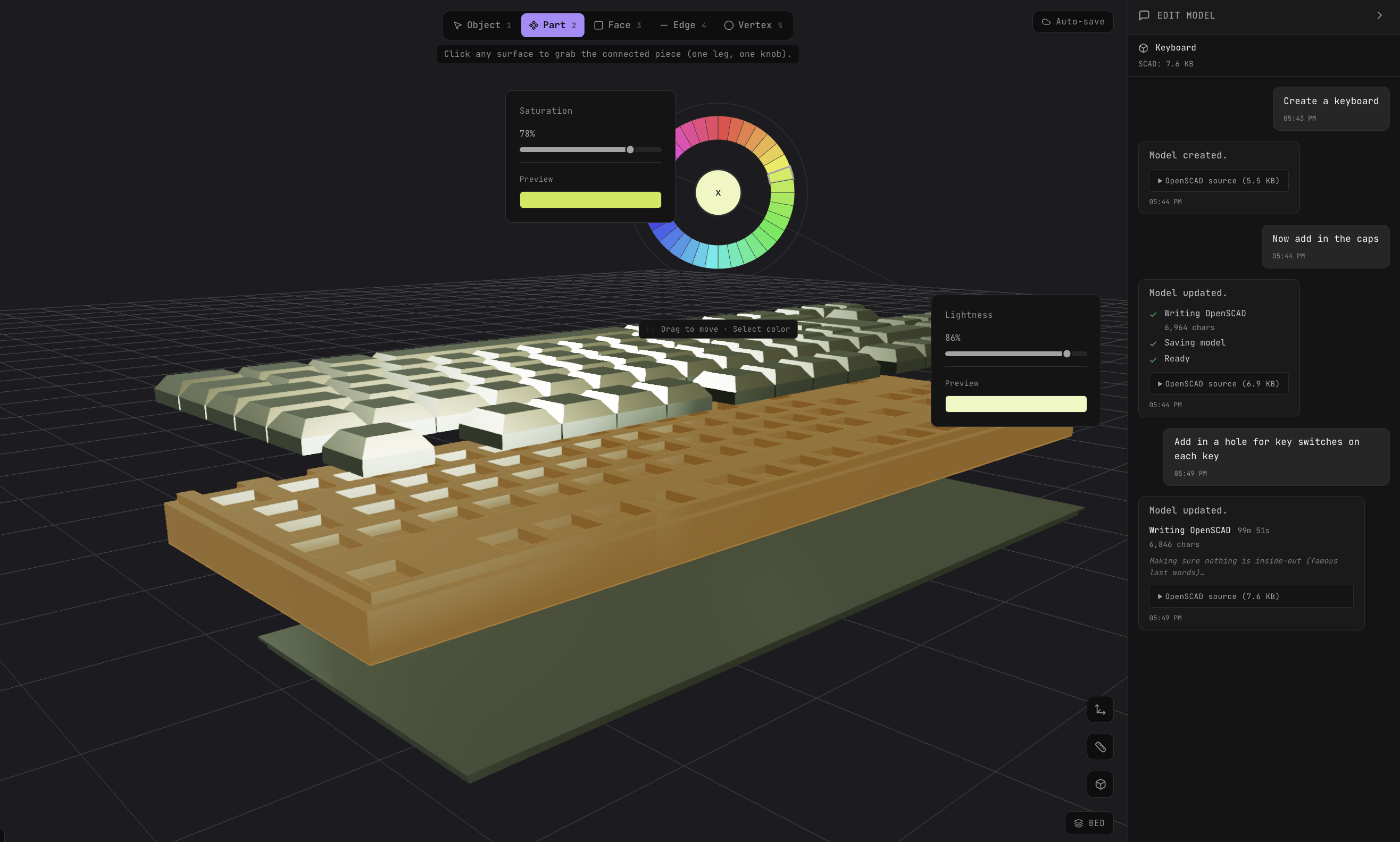 Suzanne's editor showing an anime figurine being edited with multi-select and a color picker open, and a chat prompt requesting the model